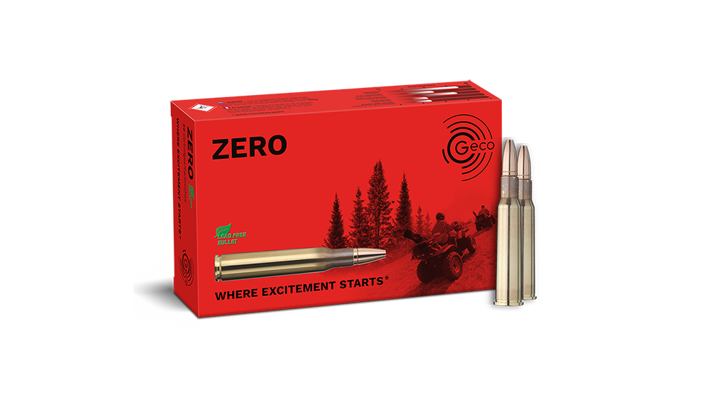 Frontview of ammunition and packaging of GECO 7x57 R ZERO 8,2g