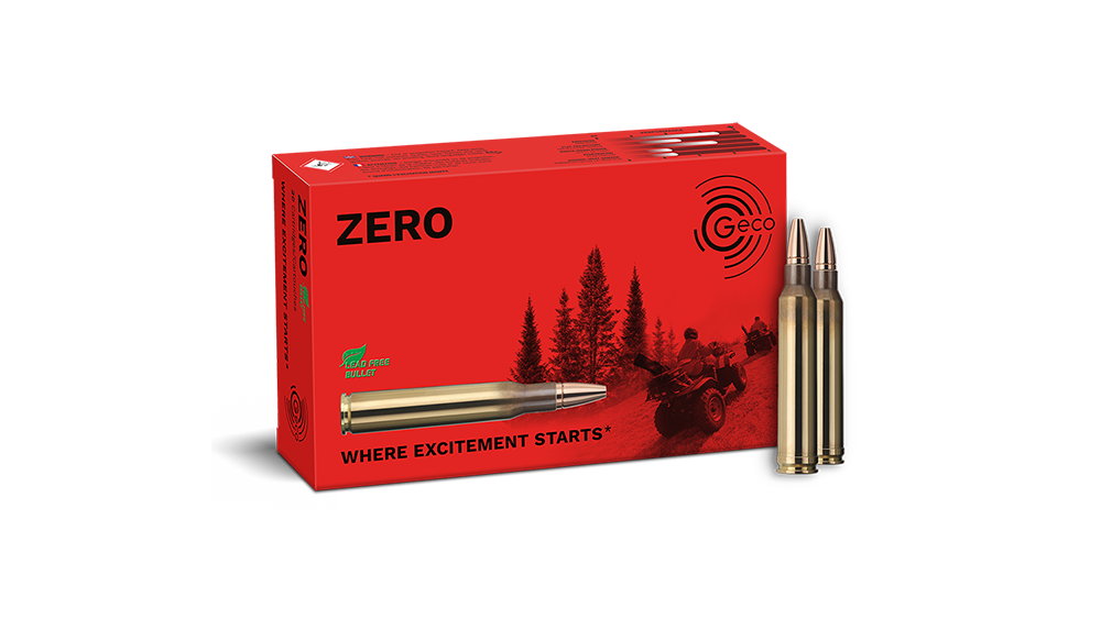 Frontview of ammunition and packaging of GECO .300 Win. Mag. ZERO 8,8g