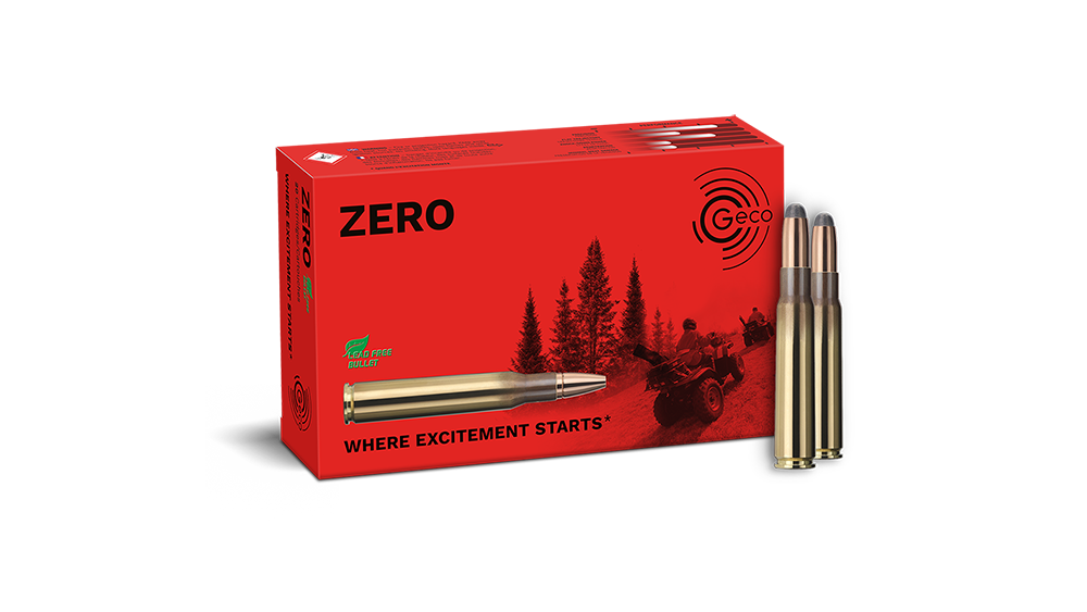 Frontview of ammunition and packaging of GECO 8x57 JS ZERO 9,0g