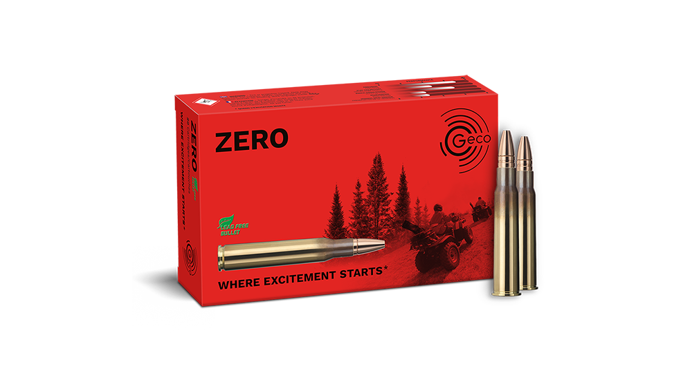 Frontview of ammunition and packaging of GECO 8x57 JRS ZERO 9,0g