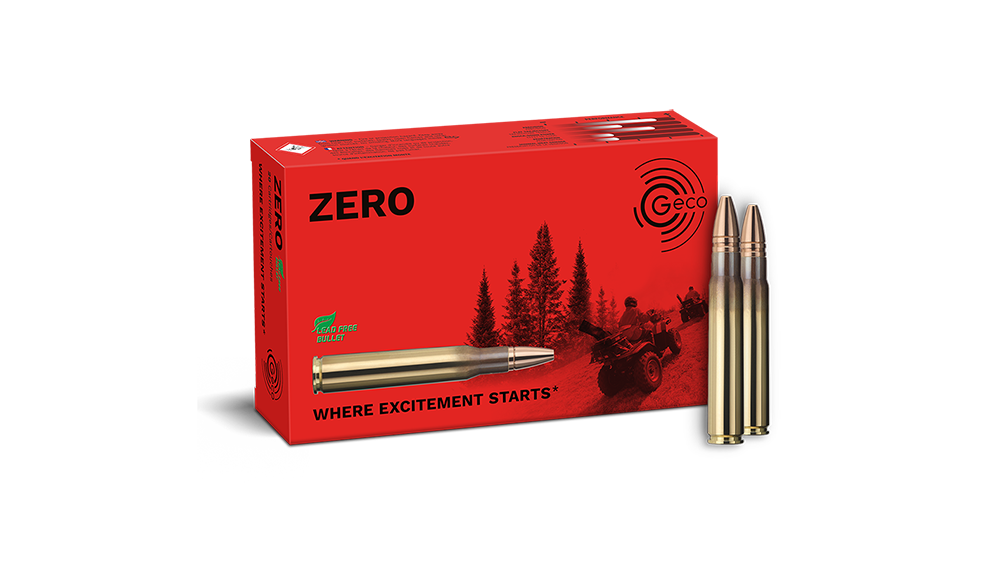 Frontview of ammunition and packaging of GECO 9,3x62 ZERO 11,9g