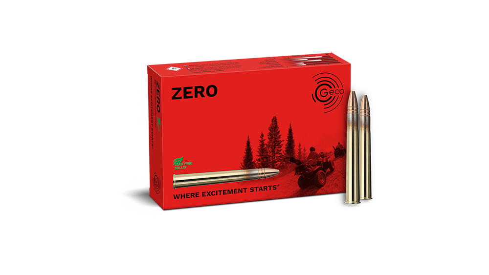 Ammunition and packaging of GECO 9,3x74 R ZERO 11,9g Frontview of ammunition and packaging of GECO 9,3x74 R ZERO 11,9g