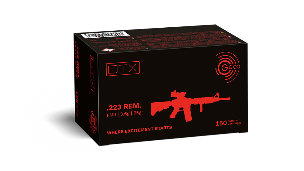 Packaging of GECO .223 Rem. DTX 3,6g Frontview of packaging of GECO .223 Rem. DTX 3,6g