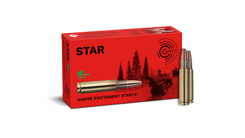 Frontview of ammunition and packaging of GECO .308 Win. STAR 10,7g