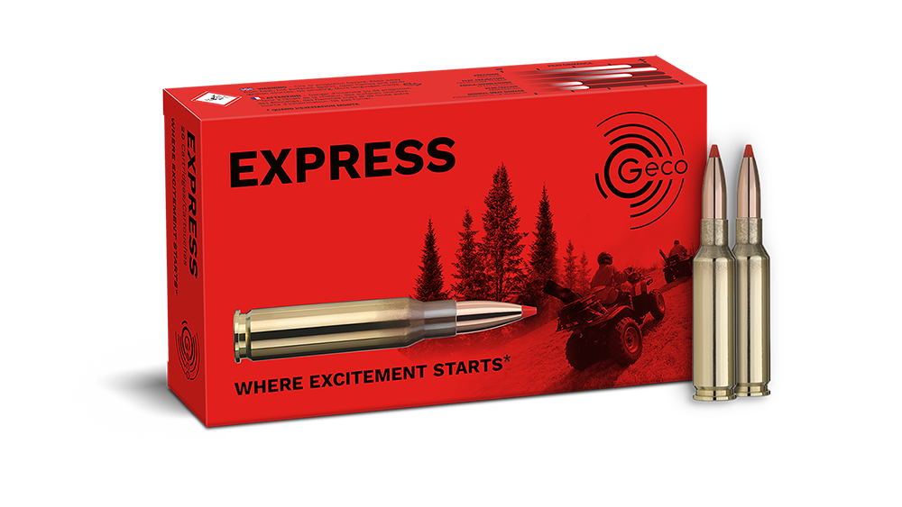 Frontview of ammunition and packaging of GECO 6,5 Creedmoor EXPRESS 9,1g