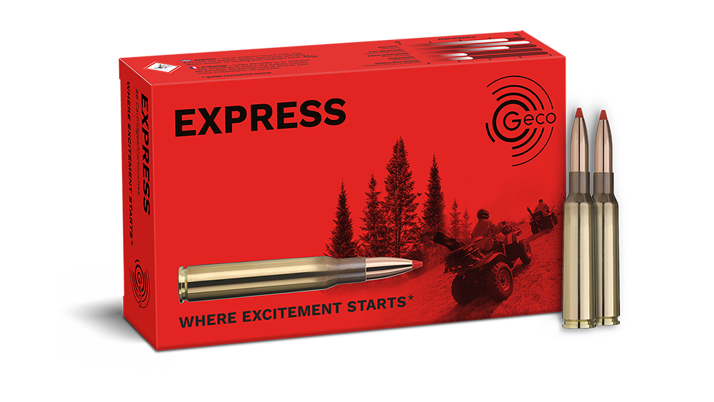 Frontview of ammunition and packaging of GECO 6,5x55 SE EXPRESS 9,1g