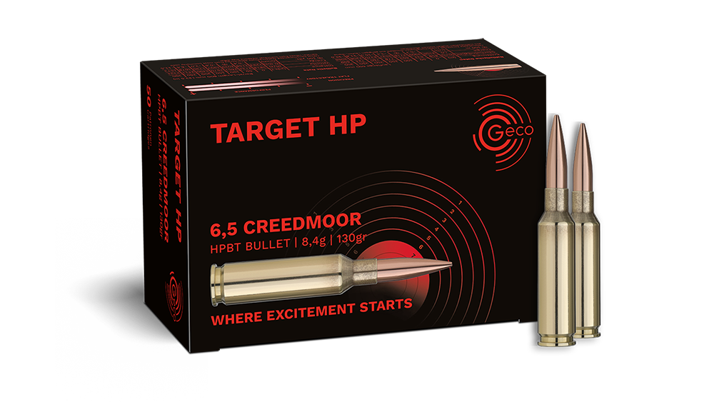 Frontview of ammunition and packaging of GECO 6,5 Creedmoor TARGET HP 8,4g